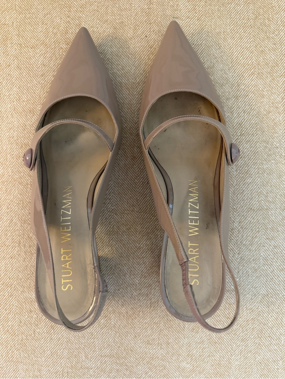 Stuart Weitzman Tan Patent Leather Mary Jane Slingback Block Kitten Heel 9.5